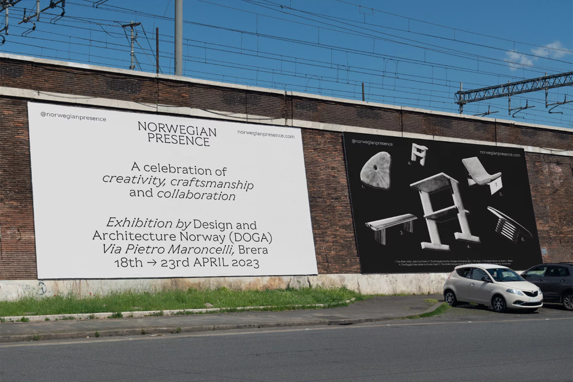 Outdoor advertising billboard showcases the Norwegian Presence design exhibition, featuring images of various furniture pieces in black and white.