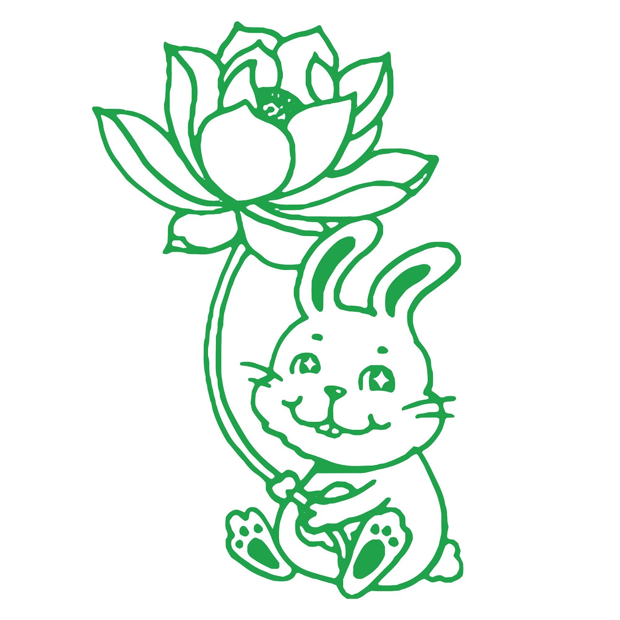 Illustration of a green line art cartoon bunny rabbit sitting and holding a lotus flower with a smiling facial expression.