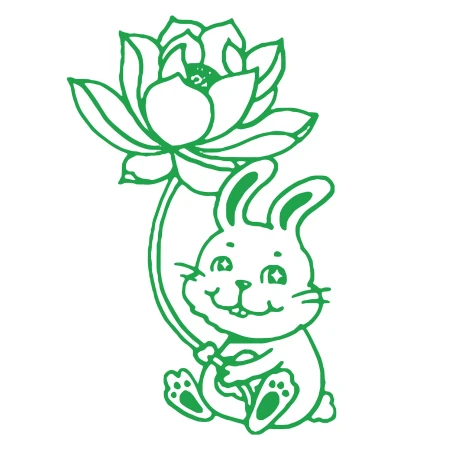 Illustration of a green line art cartoon bunny rabbit sitting and holding a lotus flower with a smiling facial expression.