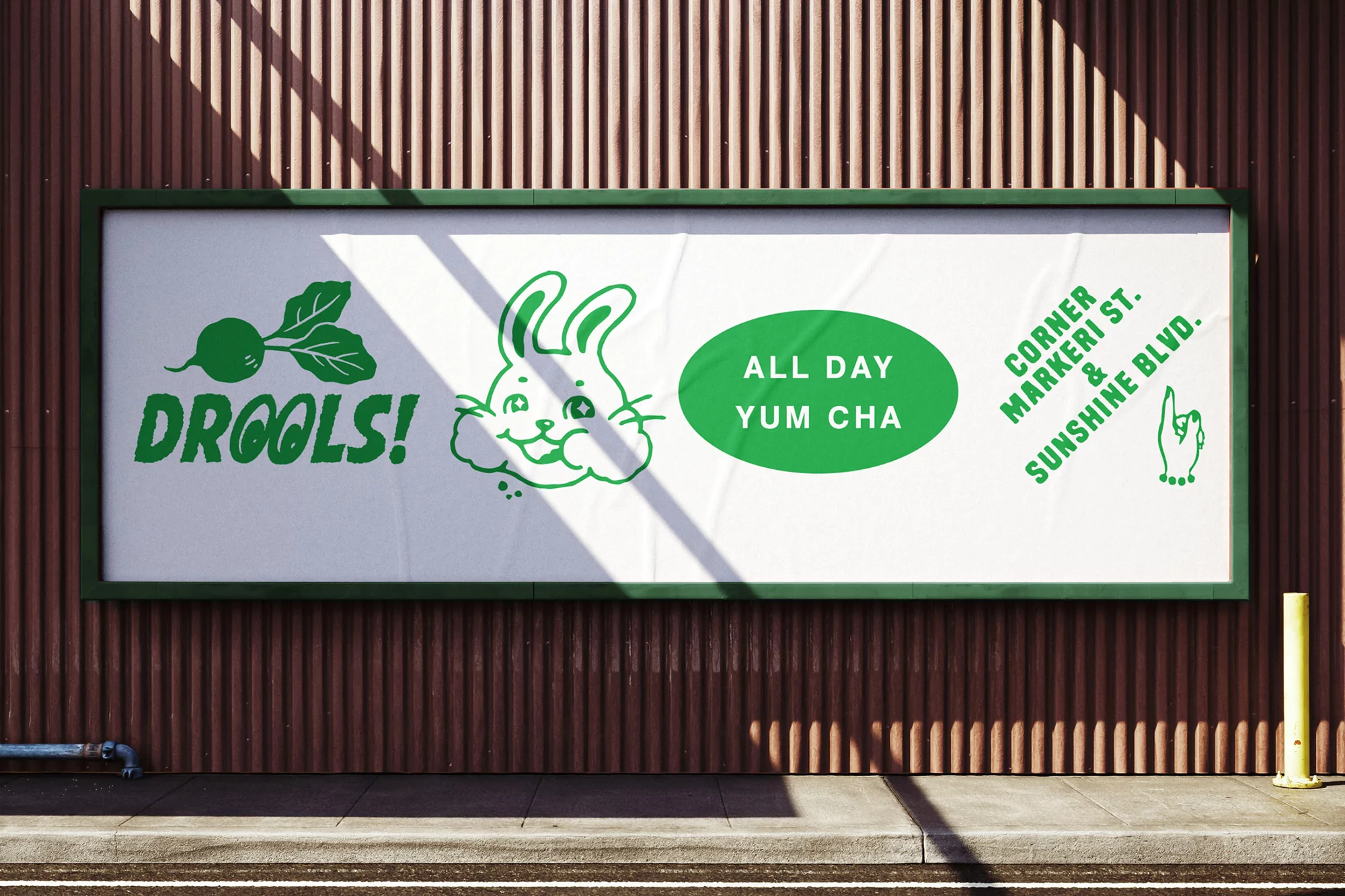Outdoor advertising billboard displays green graphics featuring a beet, rabbit, and the text 'All Day Yum Cha' on a corrugated metal wall.