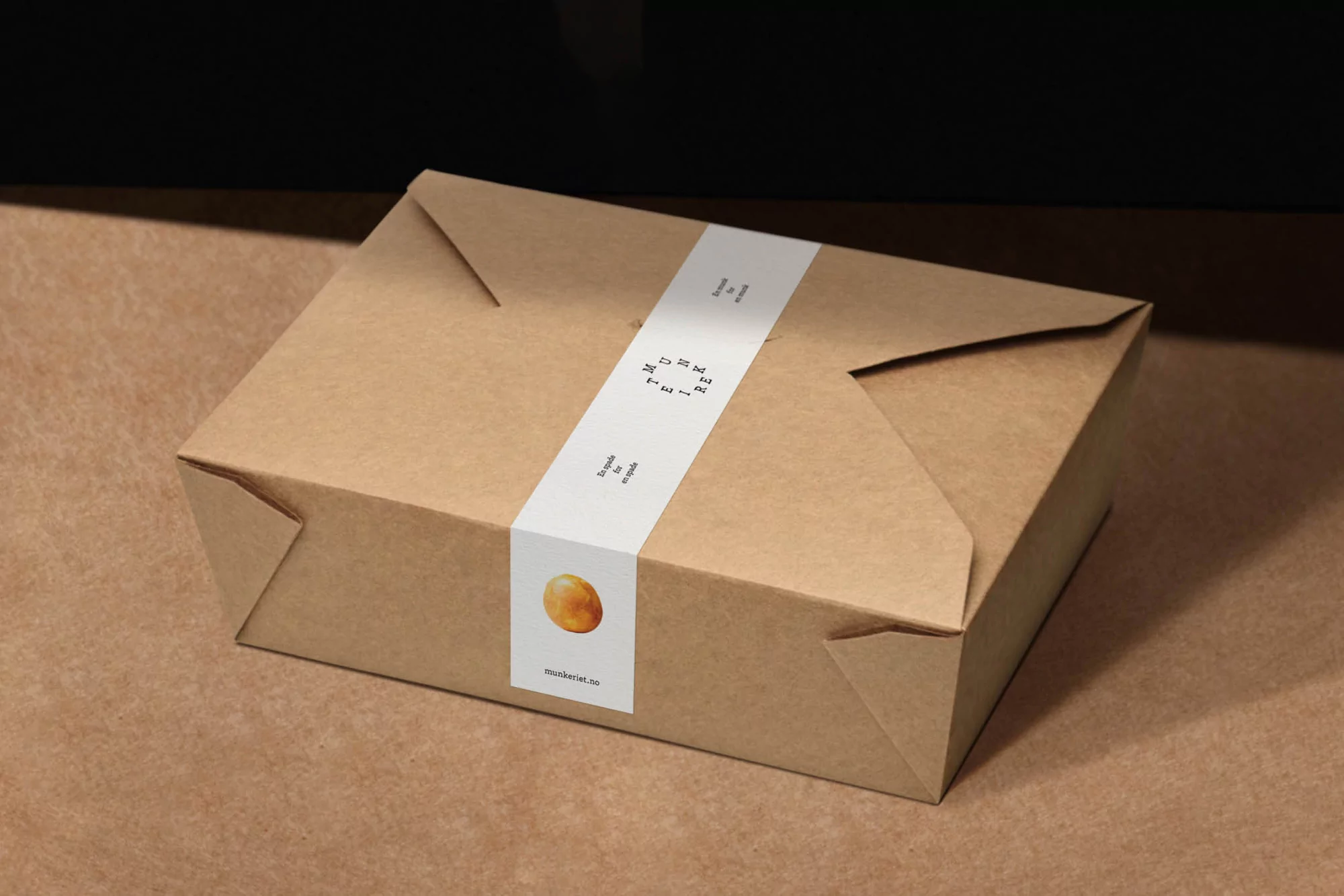 Craft paper box with white label and logo, sealed, sitting on brown surface with dark background, product presentation.