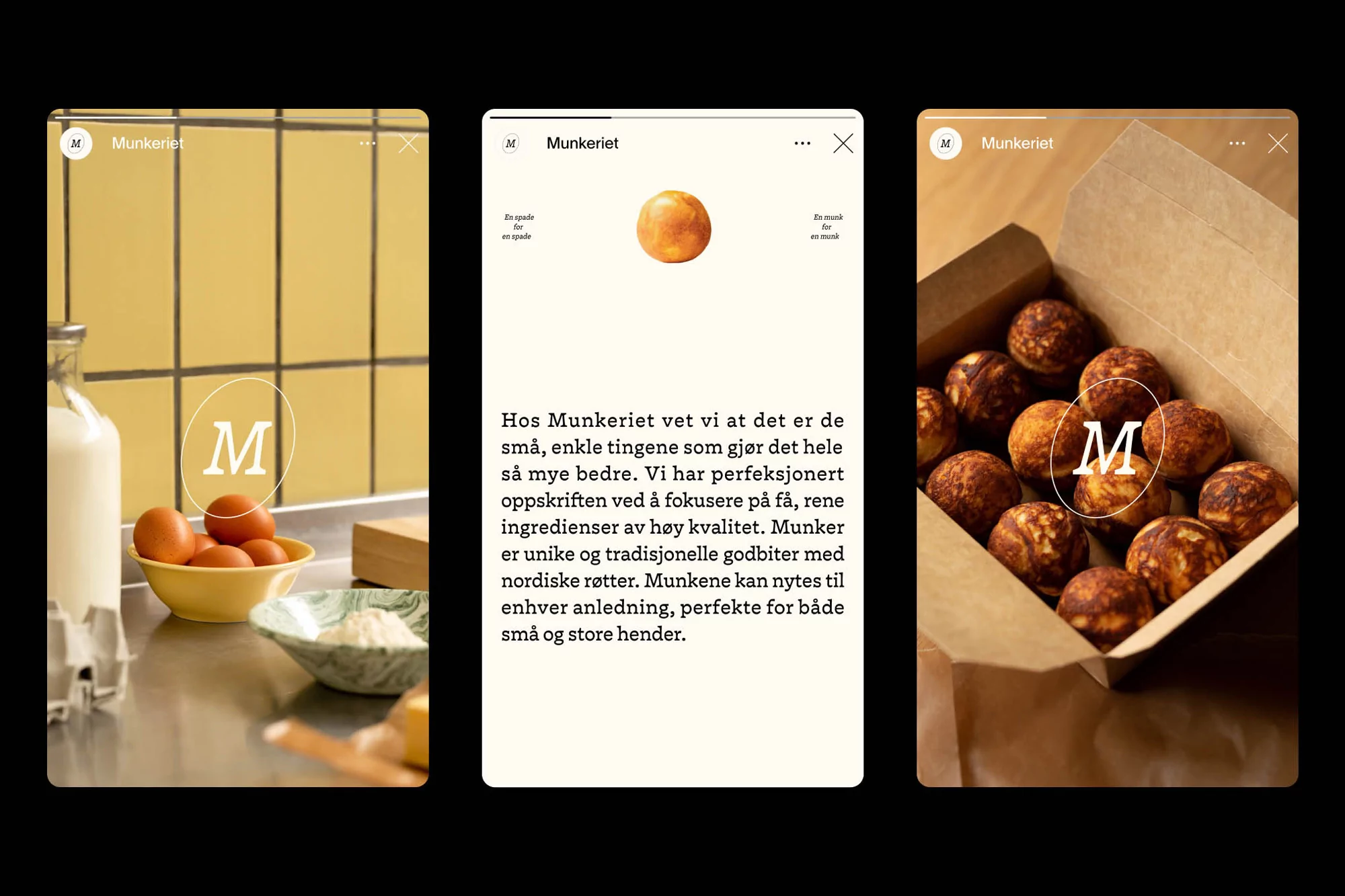 Three-panel mobile phone visual featuring culinary ingredients, dough ball close-up, and brand messaging within a kitchen setting.