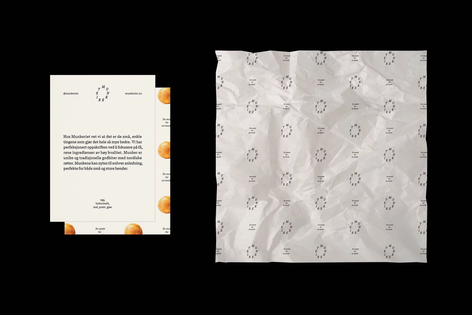 Promotional flat lay featuring a cream-colored card with food brand messaging and a light gray tissue paper patterned with the company logo.