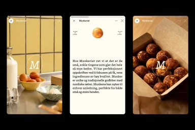Three vertical story frames showcasing Munkeriet brand identity with food photography and typography on mobile screens