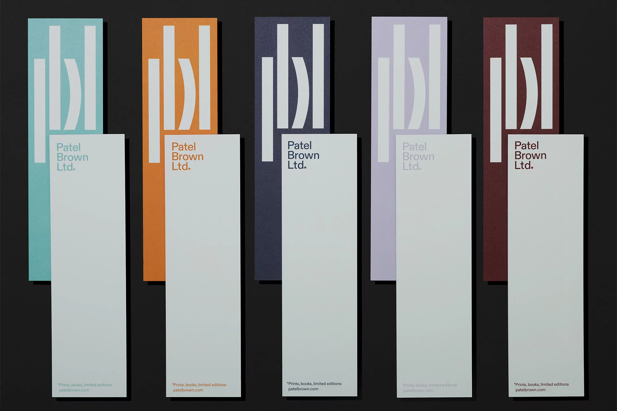 Collection of five colorful, vertically-oriented Patel Brown Ltd. print designs against a dark backdrop. The designs feature pastel hues.