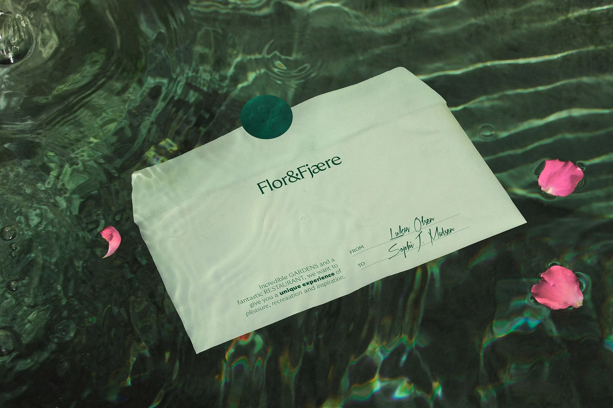 Envelope with floral logo floating in water, surrounded by scattered pink flower petals, creating a serene and visually appealing image.