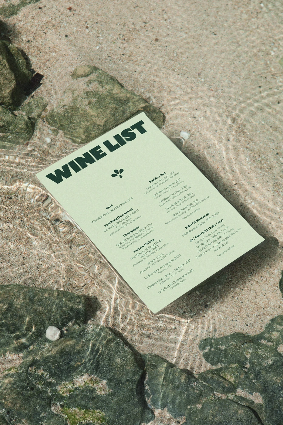 Pale green wine list menu resting on wet rocky ground near shallow water