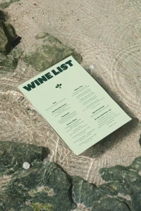Pale green wine list menu resting on wet rocky ground near shallow water