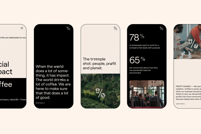 A collection of mobile phone screens showcase statistics and imagery related to coffee, including sustainability, worker satisfaction, and social impact.