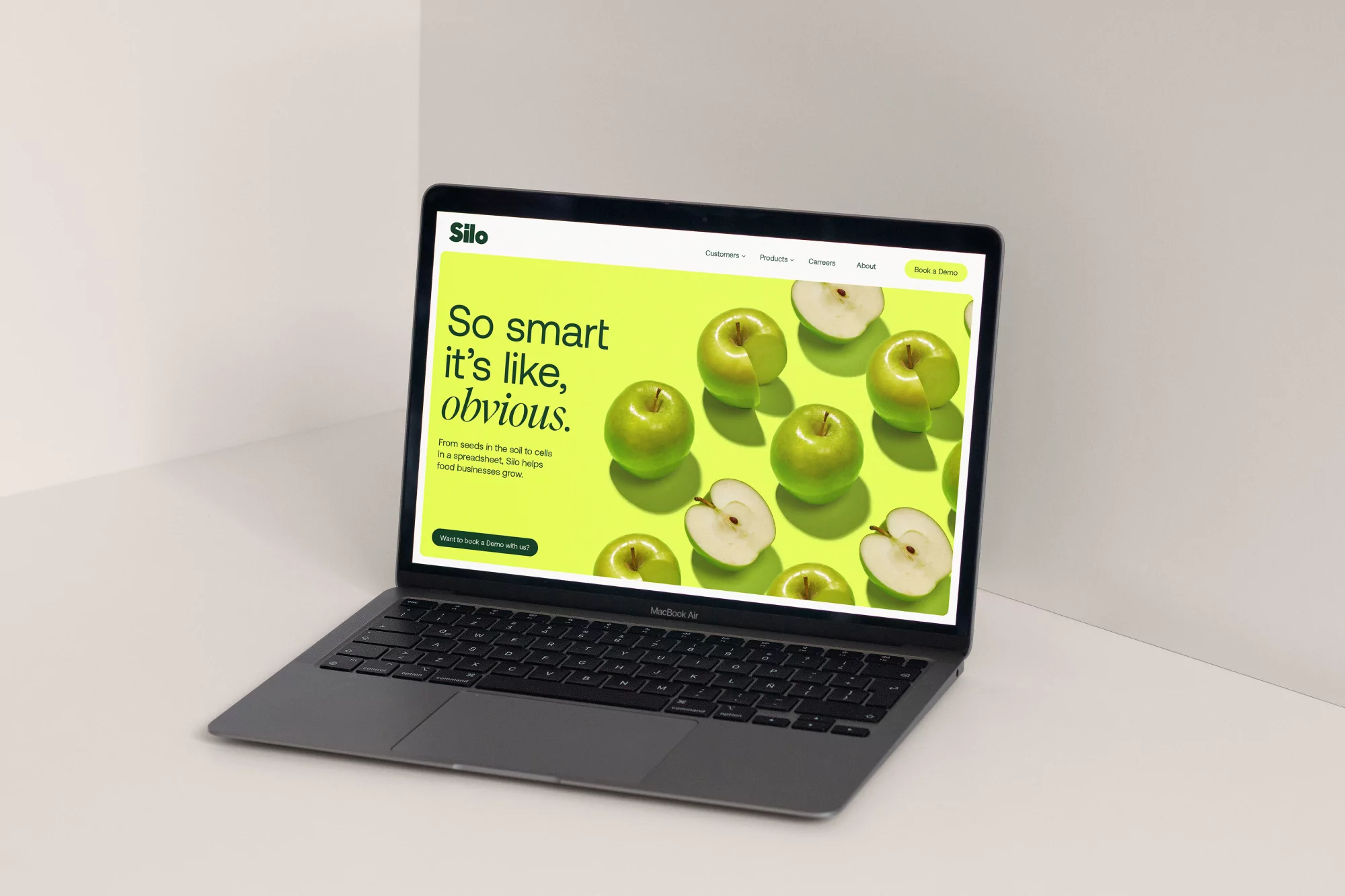 Open laptop displays Silo website with green apples on a light green background, set against a plain, well-lit white corner.