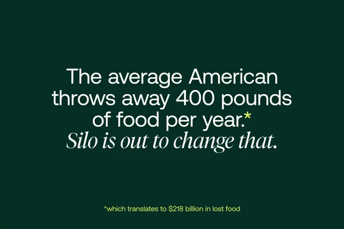 Informative text on a green background states the average American throws away 400 pounds of food per year, promoting zero waste.