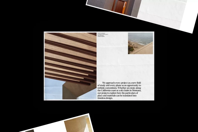 Architectural photography showcases the wooden pergola and structural design against a backdrop of the ocean, with typography overlay.