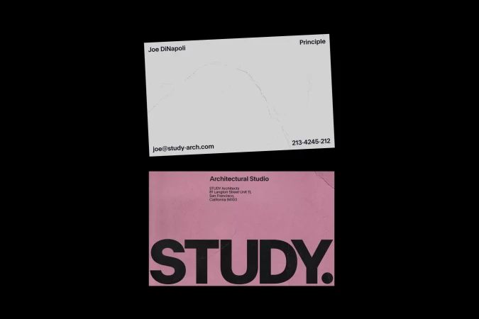Business cards for Joe DiNapoli, Principle and STUDY Architects. One card is white with black text, one is pink with black text on black.