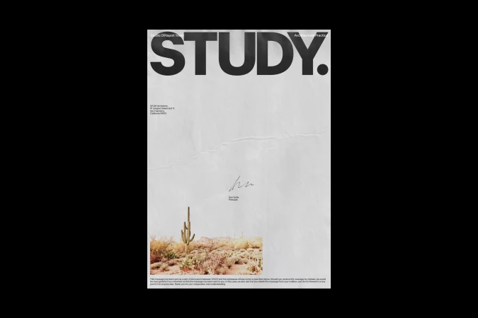 Architectural practice advertisement featuring the word 'STUDY' and a Southwestern desert landscape with a saguaro cactus.