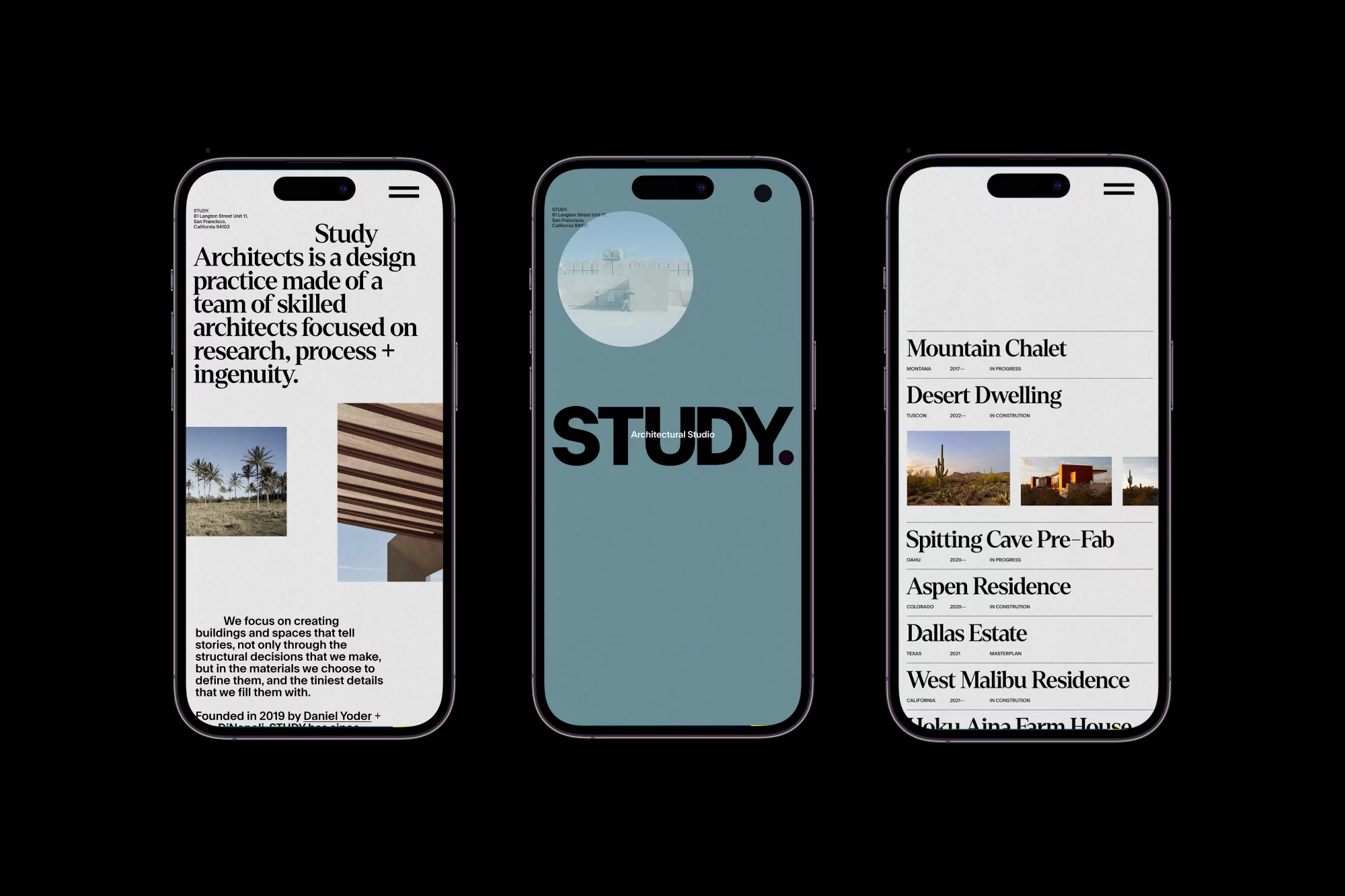 Three phone mockups showing the Study Architects website, with a design statement, studio logo, and project portfolio. Minimalist design.