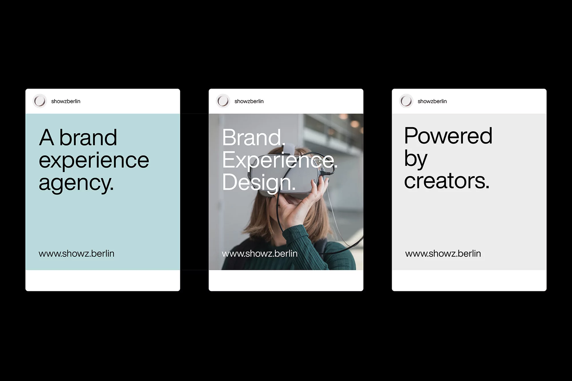 A brand experience agency. Brand experience design. Powered by creators. Three digital ads featuring text and woman in VR headset.