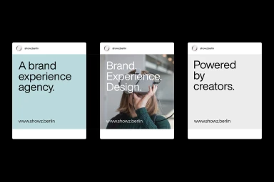 Three vertical mockup screens displaying Showz brand identity graphics, typography, and a person wearing a VR headset.