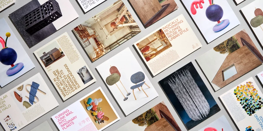 An array of art prints, brochures, and promotional cards are spread out, showcasing architectural photography and graphic design elements.