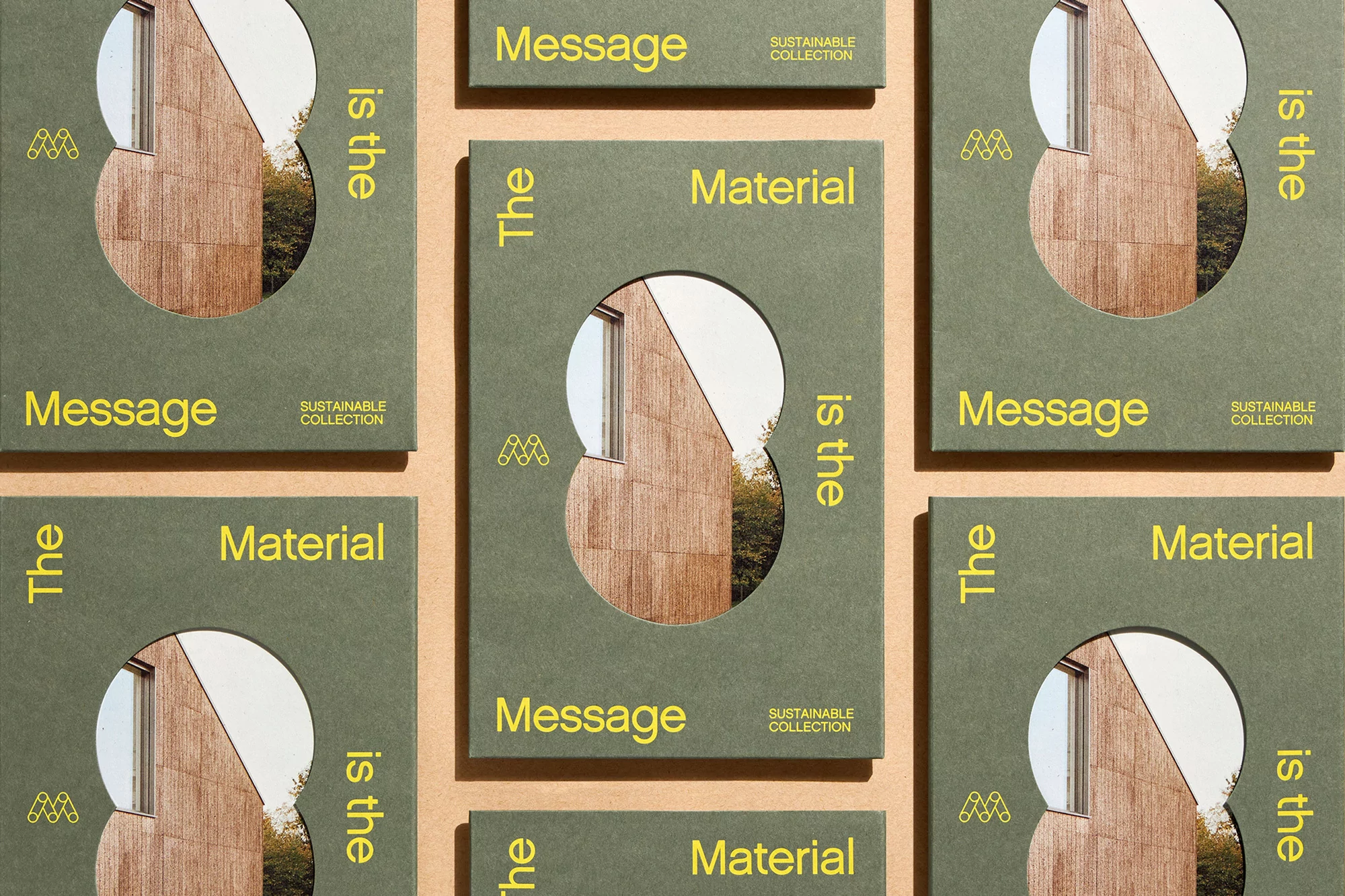 Promotional image with architectural design peeking through die-cut holes in green covers, featuring minimal text on a beige background.