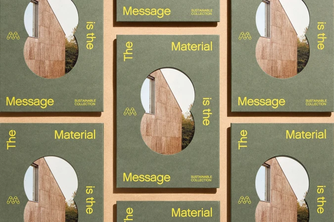 Promotional image with architectural design peeking through die-cut holes in green covers, featuring minimal text on a beige background.