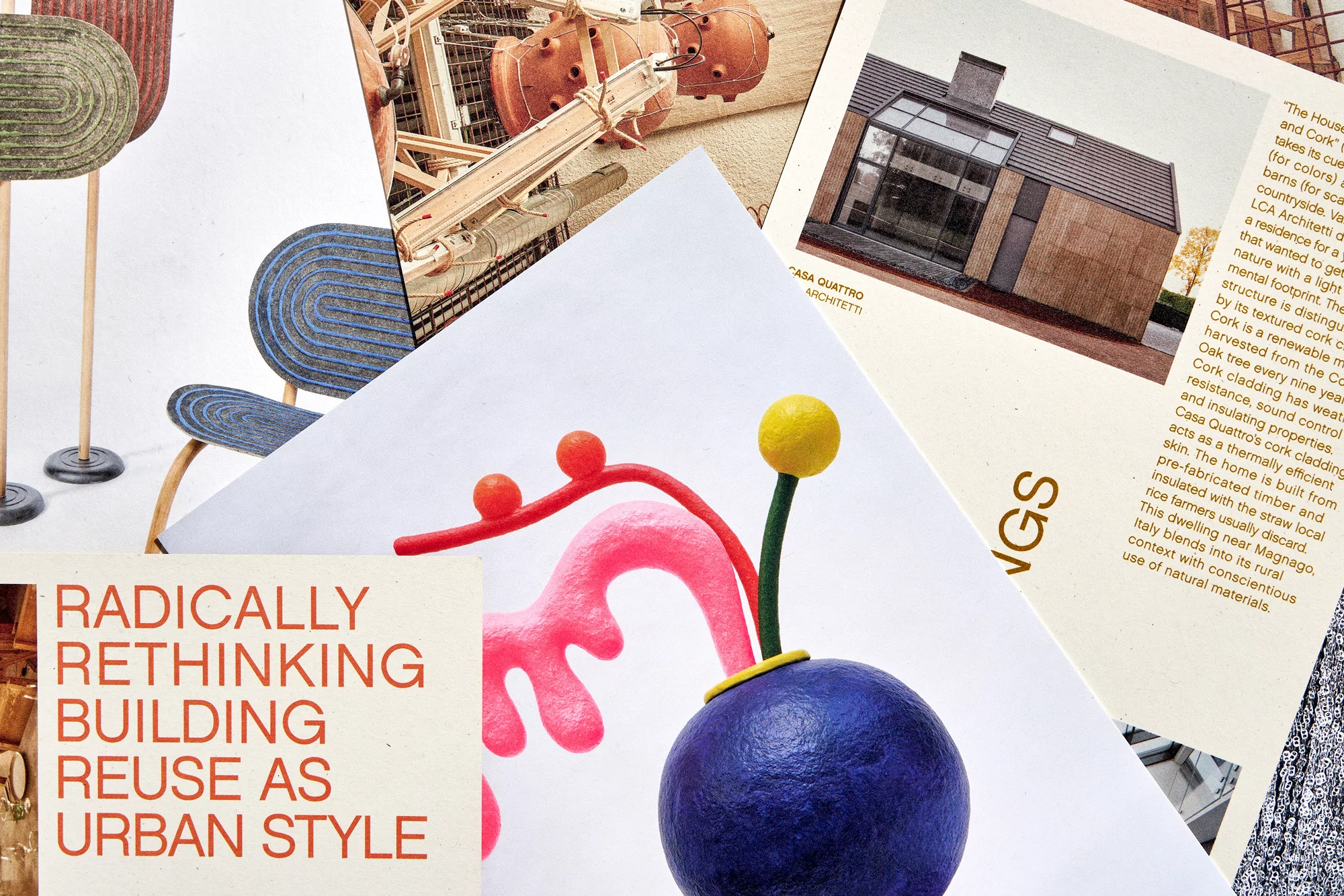 Collage of architectural design elements and magazine excerpts with the text "Radically Rethinking Building Reuse as Urban Style."