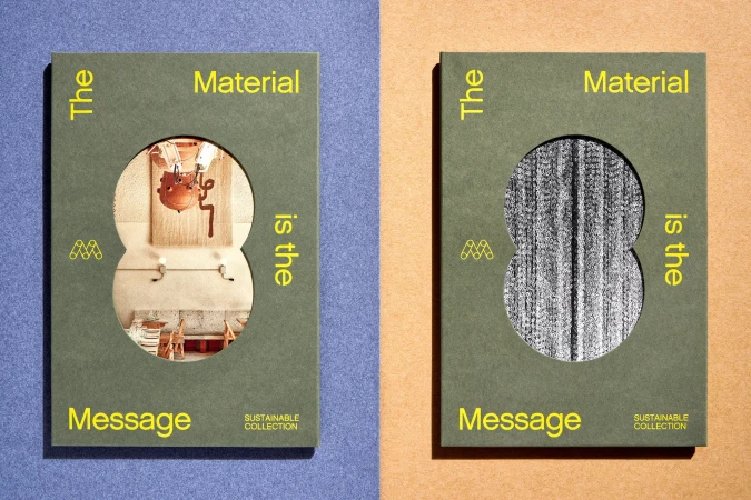 Two olive-green cards with round windows show interior design and a grey textile, set against blue and beige backdrops with yellow text.