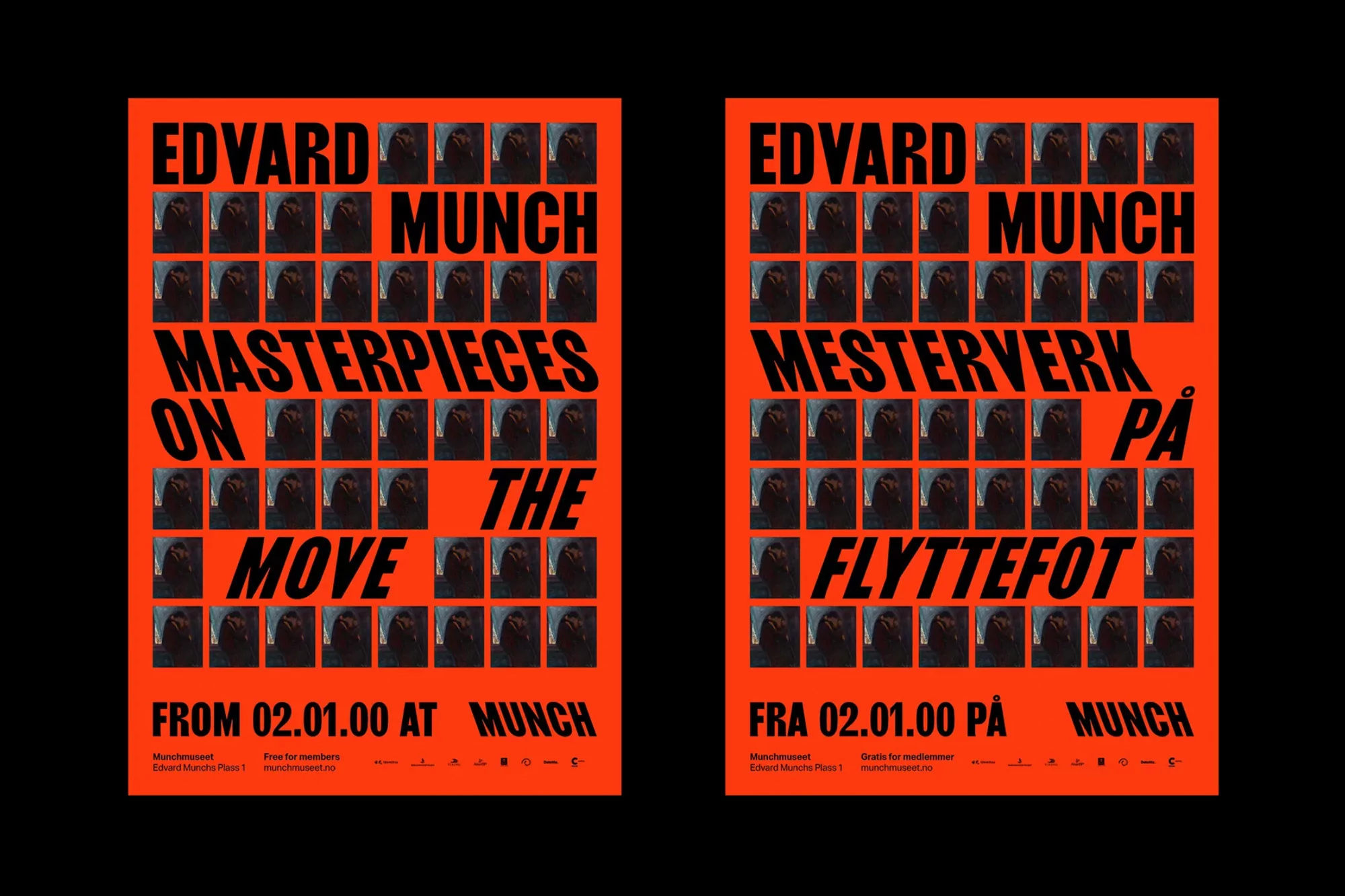 Poster art for Edvard Munch, featuring a grid of portraits in an artistic advertisement, promoting an exhibition, with bold sans-serif typography.