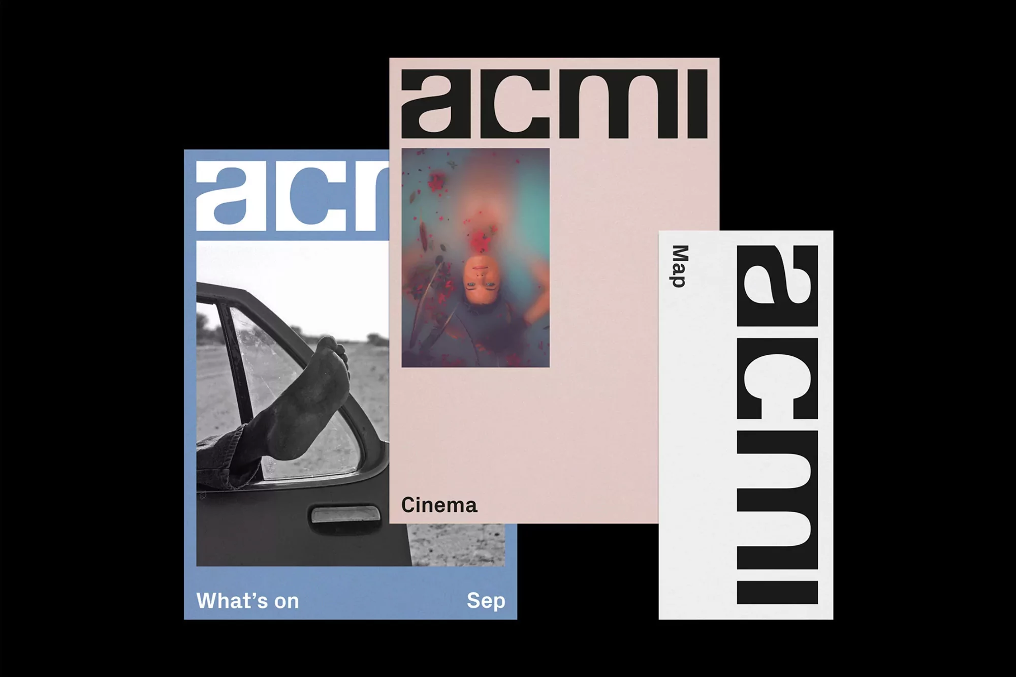 ACMI promo featuring a car scene, a surreal portrait, and white space, all against a solid black background.