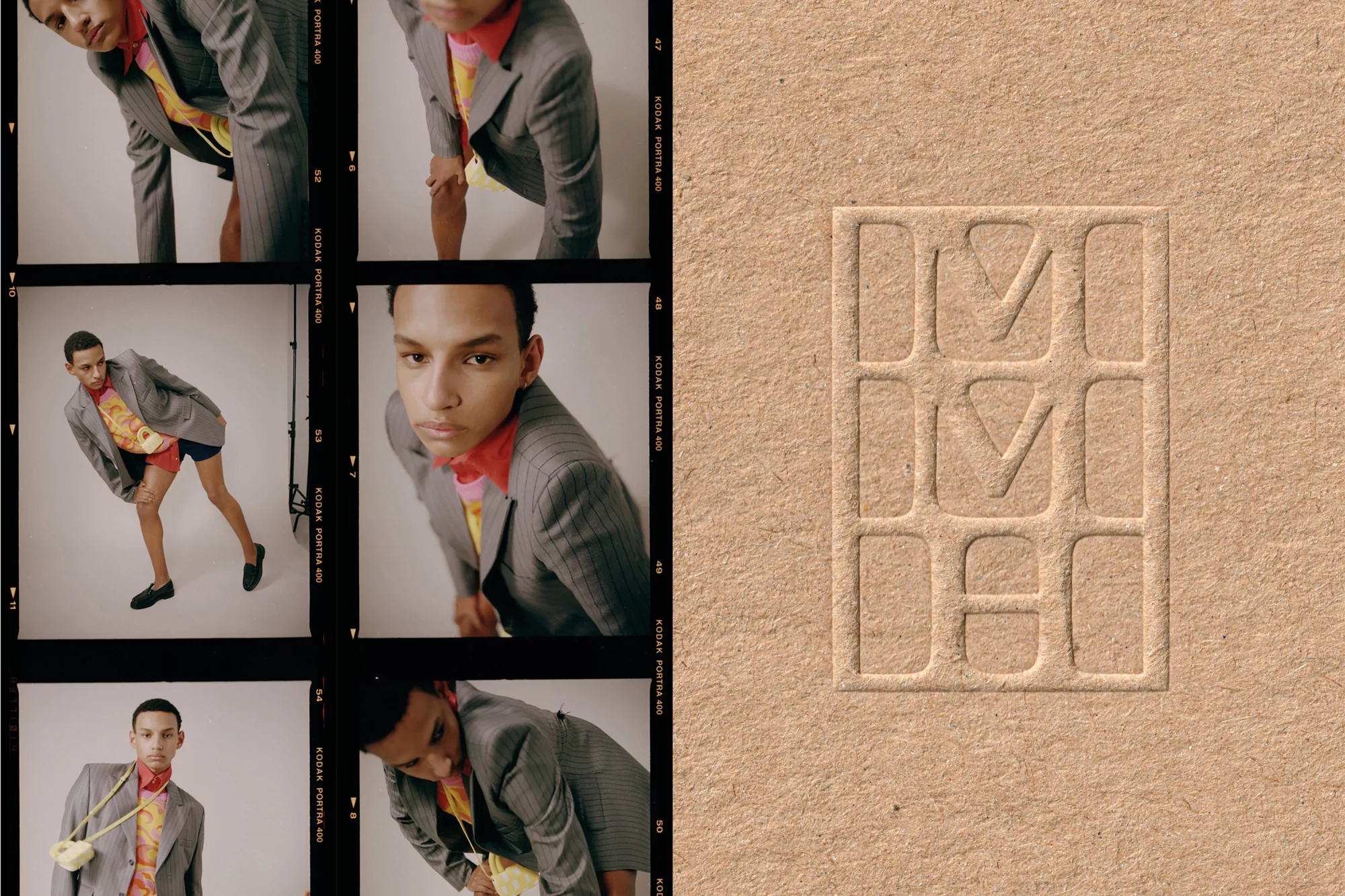 Fashion editorial shot of a young adult Black male model wearing a suit and colorful top, presented in a filmstrip-style layout.