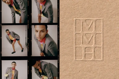 Contact sheet film strips featuring a model in a grey pinstripe blazer beside a textured embossed paper brand logo.