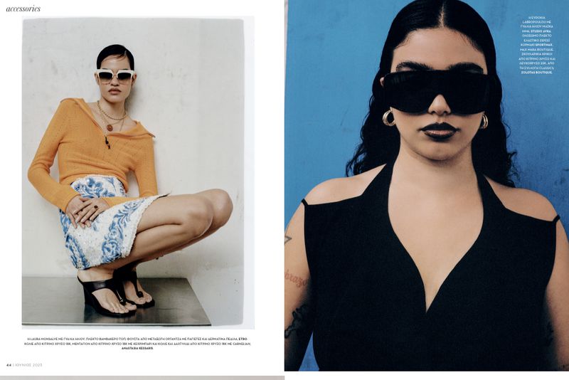 Two distinct close-up portraits showcase fashion: a woman in an orange sweater and floral skirt, and another in black top and sunglasses.
