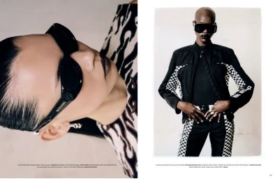 Model wearing black and white checkered clothing and dark sunglasses against a seamless neutral background in an editorial layout.