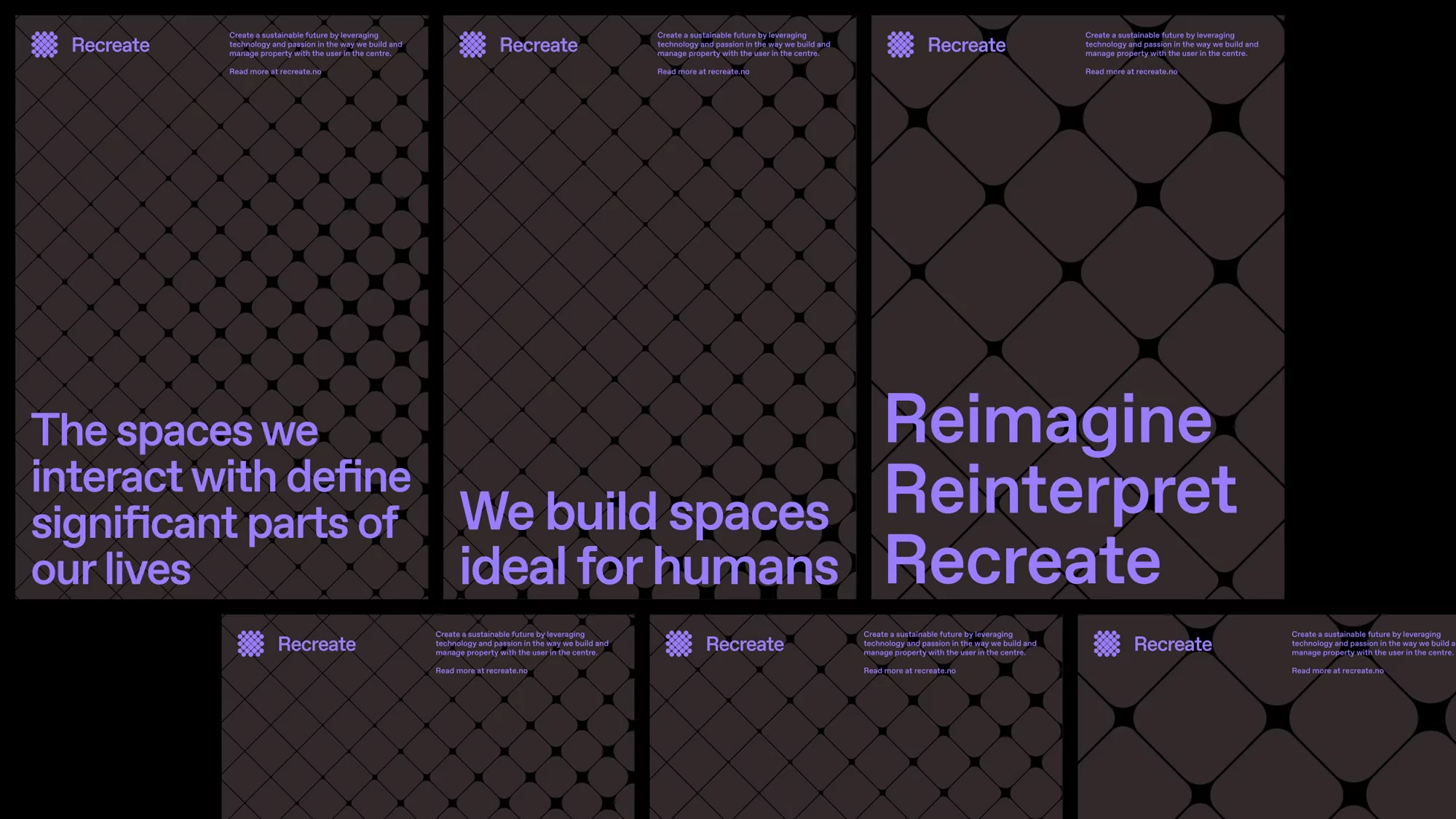 Abstract architectural graphics with lilac text on a dark geometric background promoting spatial design and property management services.