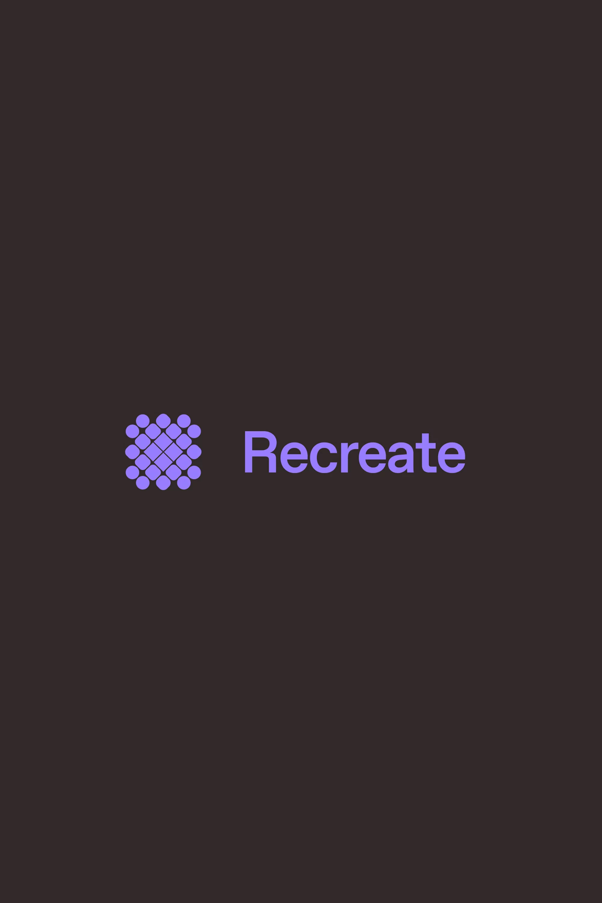 Graphical design features a dark gray background with a lavender circular icon to the left of the word 'Recreate' in matching lavender font.