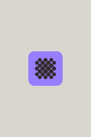 Abstract geometric design featuring a square shape with rounded corners, filled with a grid of black dots on a light gray background.
