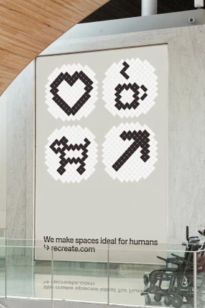 Advertisement for recreate.com featuring pixel art icons including a heart, cup, figure, and arrow on a neutral background.