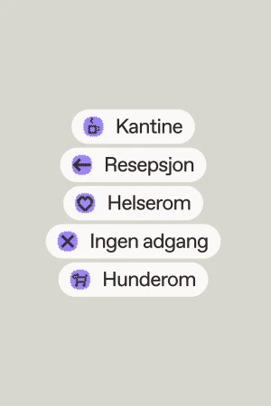 Indoor shot of five signs with Norwegian text for Kantine, Resepsjon, Helserom, Ingen adgang, and Hunderom, each with a corresponding icon.