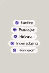 Vertical stack of rounded white sign pills featuring purple pixel icons and Norwegian text against a pale grey background.