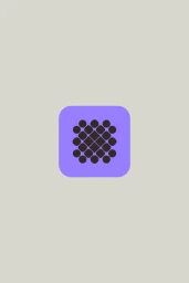 Centered purple rounded square app icon with a black grid pattern on a pale grey background