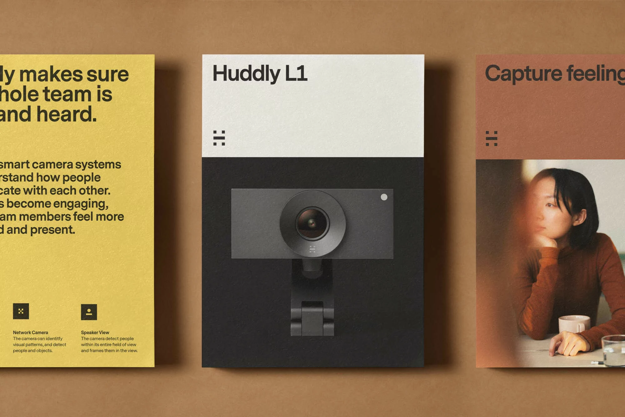 Product shot featuring the Huddly L1 camera, a woman in soft focus, and text highlighting the camera's functionality and features.
