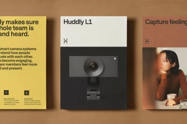 Three printed brand collateral pieces for Huddly featuring yellow typography, product packaging, and editorial photography.