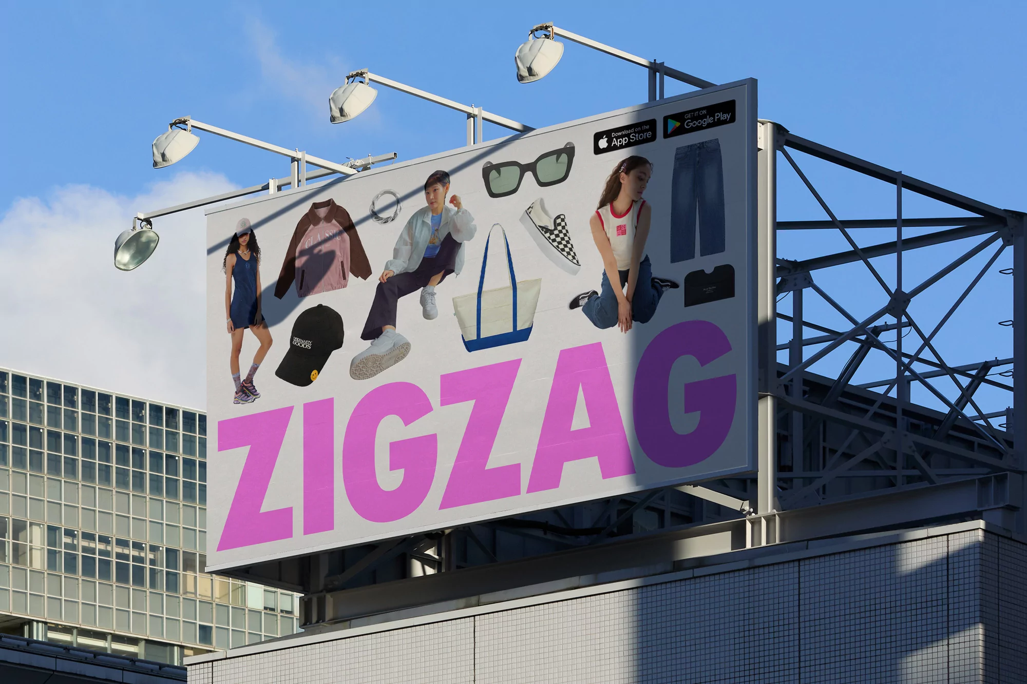 Billboard ad featuring two young adults modeling fashion apparel, accessories, and shoes against a bright blue sky backdrop.