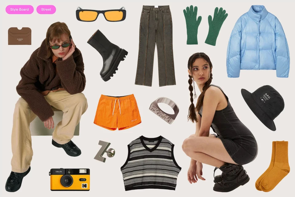 A fashion collage featuring two women modeling clothing and accessories, including puffer jackets, vests, boots, pants, and bucket hats on a light background.