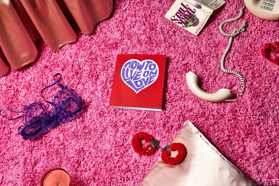 Overhead shot of bedroom scene with red book titled 'How to Live on Love', lingerie, pillow, red shag carpet and telephone.