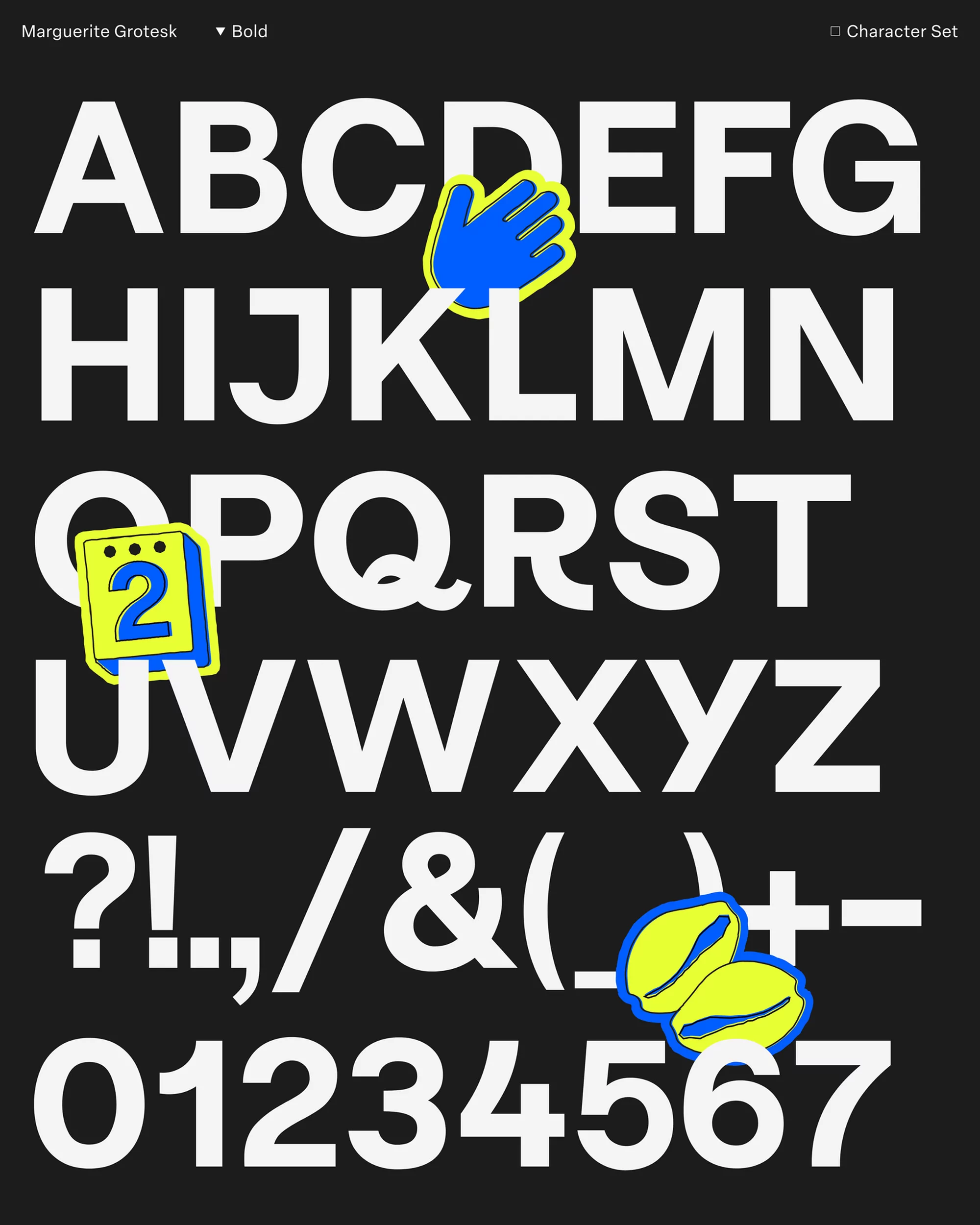 Alphabet showcase featuring white sans-serif font on a black background, with cartoon-style graphics of a hand, calendar, and sandals.