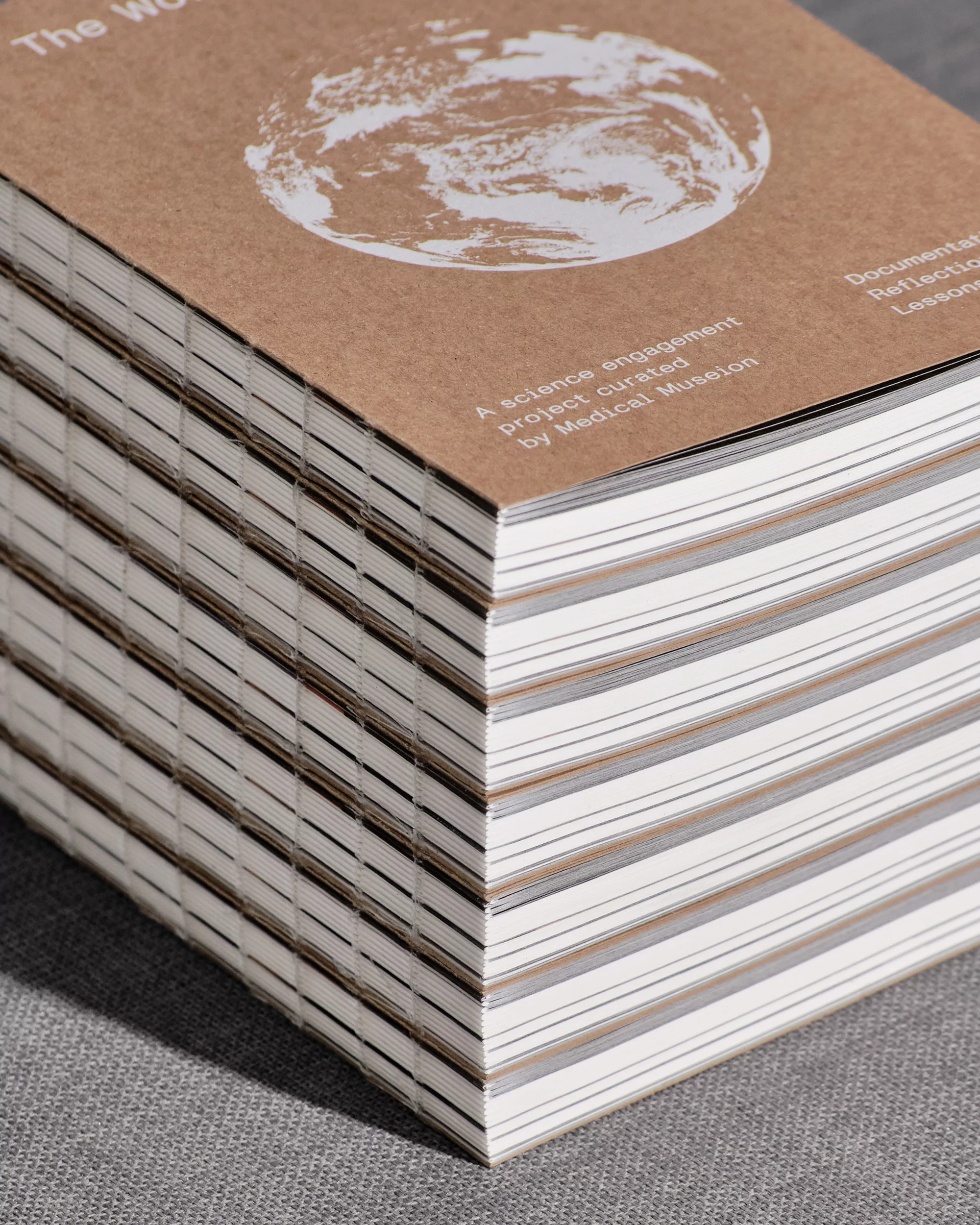 Stack of books with a cover image of the Earth and the text "The World" on a gray background. Close-up of educational materials.