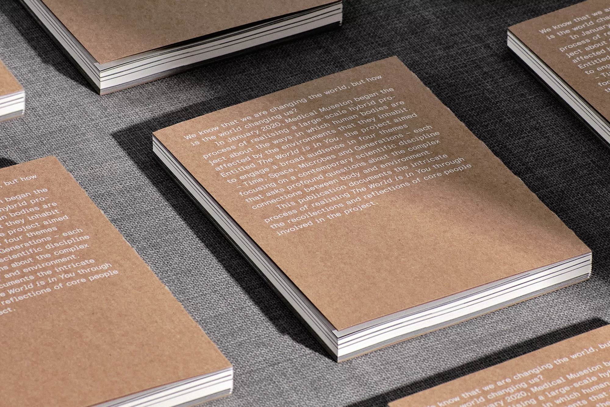 Close-up of several Medical Museion publications with kraft paper covers and white text on a gray textured surface.
