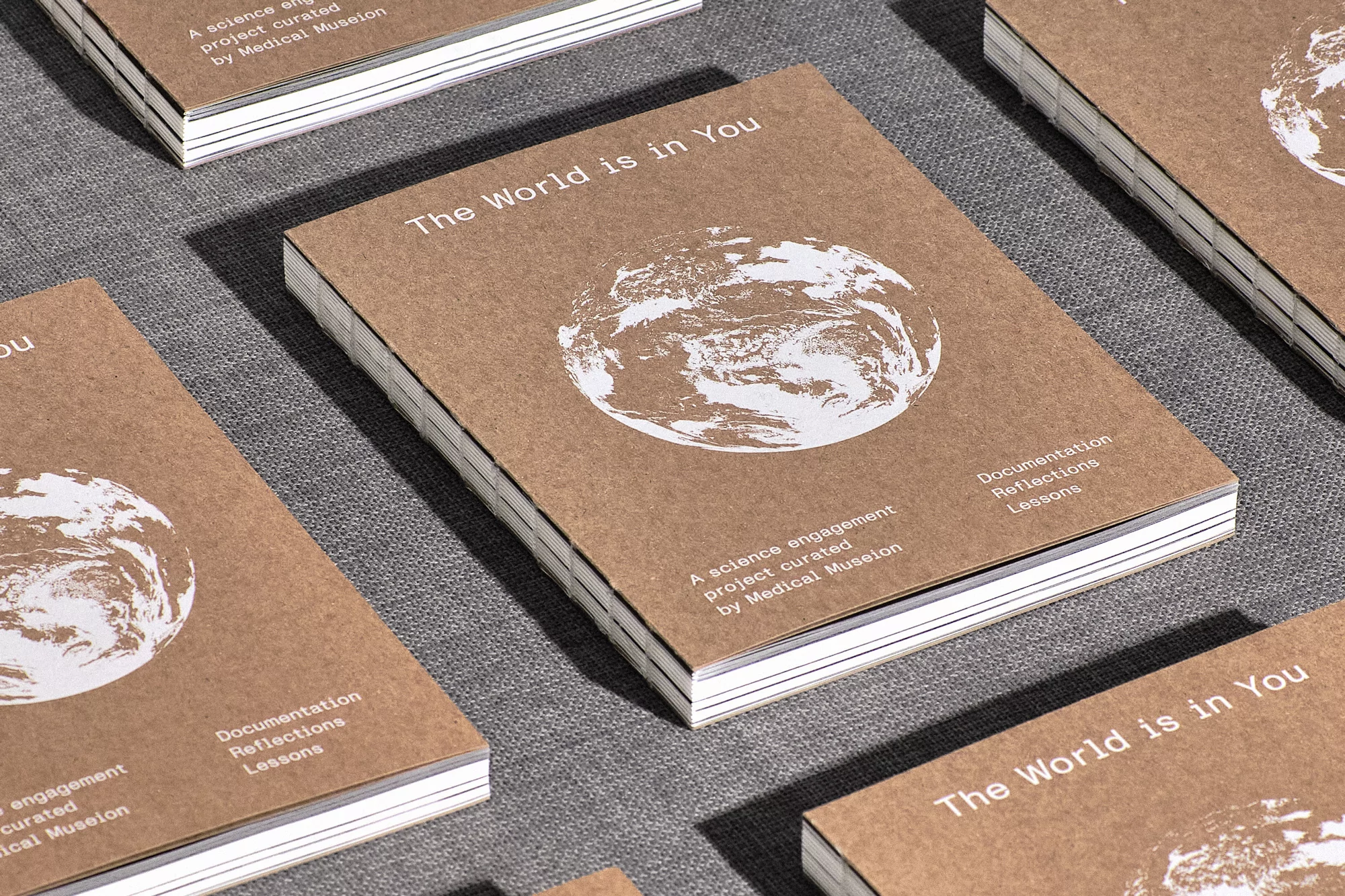 Stack of scientific journals with Earth graphic, titled 'The World is in You,' resting on gray surface in a well-lit indoor setting.