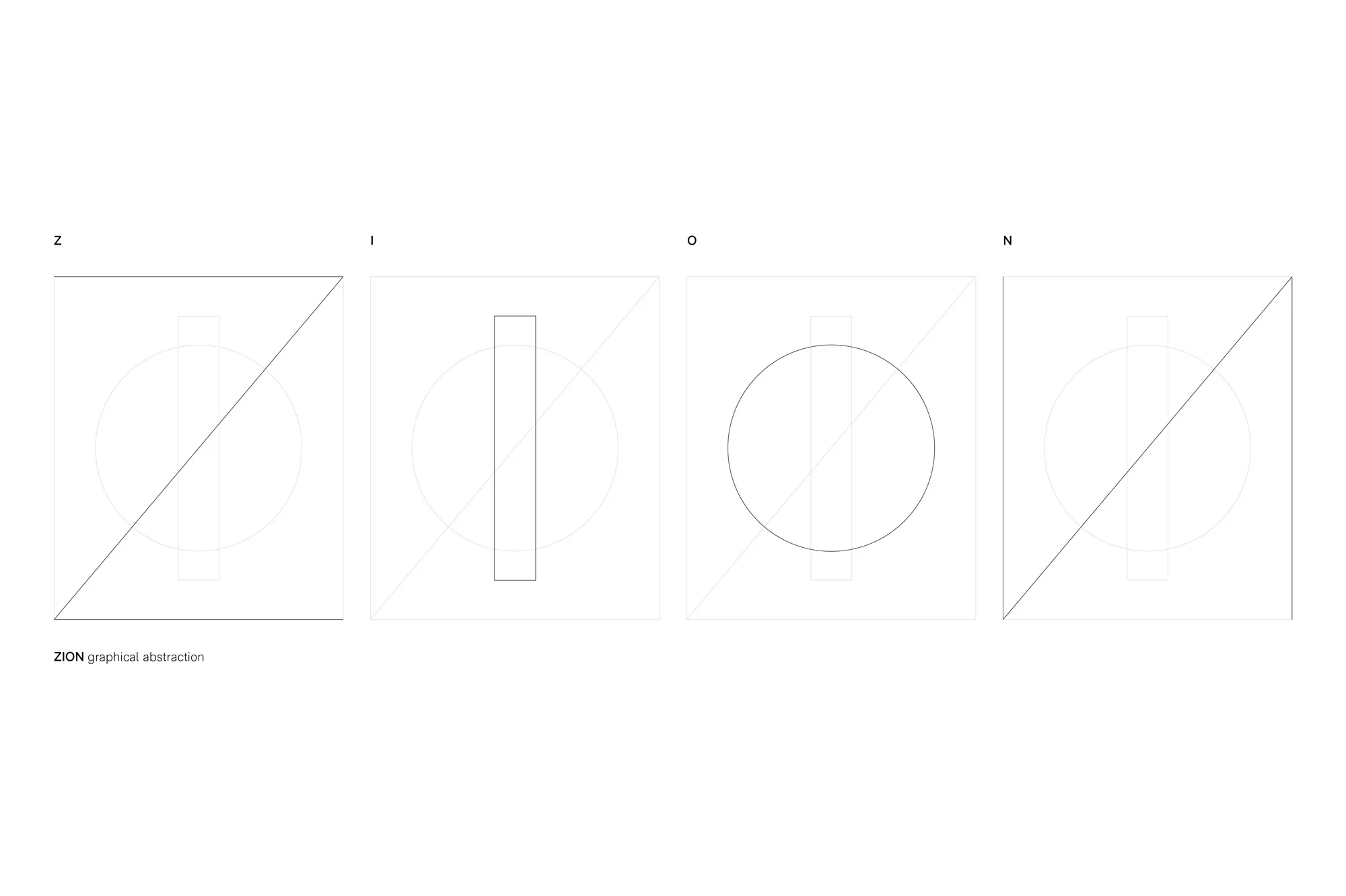 Abstract graphic design spells 'ZION' using shapes and lines within square frames on a white background, simple and modern.