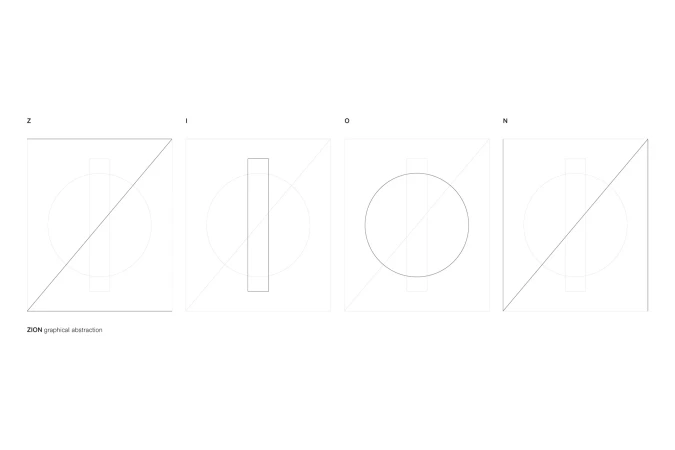 Abstract graphic design spells 'ZION' using shapes and lines within square frames on a white background, simple and modern.